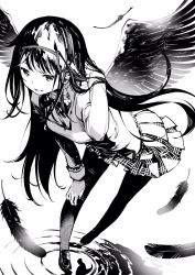 Rule 34 | 1girl, akemi homura, akuma homura, bad id, bad twitter id, black eyes, black feathers, black hair, black pantyhose, black theme, black wings, breasts, commentary request, dutch angle, earrings, evil smile, feathered wings, feathers, floating hair, fukushima masayasu, greyscale, hair ribbon, half-closed eyes, hand in own hair, hand on own knee, highres, jewelry, leaning, leaning forward, light smile, loafers, long hair, long sleeves, mahou shoujo madoka magica, mahou shoujo madoka magica: hangyaku no monogatari, mitakihara school uniform, monochrome, neck ribbon, open mouth, pantyhose, plaid, plaid skirt, pleated skirt, ribbon, school uniform, shoes, simple background, single earring, skirt, small breasts, smile, standing, standing on liquid, standing on one leg, straight hair, uniform, white background, wings
