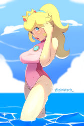 Rule 34 | 1girl, artist name, athletic leotard, bare arms, bare shoulders, blonde hair, blue eyes, breasts, brooch, crown, eyelashes, female focus, hair tie, tucking hair, horizon, jewelry, large breasts, leotard, lips, long hair, looking at viewer, mario &amp; sonic at the london 2012 olympic games, mario &amp; sonic at the olympic games, mario (series), nintendo, nose, ocean, one-piece swimsuit, open mouth, outdoors, partially submerged, pink leotard, pink lips, pinkisch, ponytail, princess peach, skin tight, solo, sparkle, standing, swimsuit, taut clothes, taut leotard, thick lips, twitter username, wading, water, wet