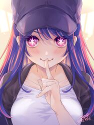 Rule 34 | 1girl, backlighting, baseball cap, black jacket, blush, breasts, closed mouth, collarbone, commentary request, dated, finger to mouth, hair between eyes, hat, highres, hoshino ai (oshi no ko), jacket, large breasts, long hair, looking at viewer, multicolored hair, open clothes, open jacket, oshi no ko, partial commentary, pink hair, purple eyes, purple hair, purple hat, qoo1234, shadow, shirt, shushing, sidelocks, signature, smile, solo, star-shaped pupils, star (symbol), streaked hair, swept bangs, symbol-shaped pupils, upper body, white shirt