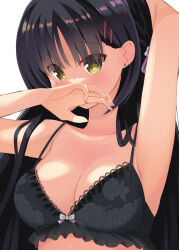 Rule 34 | 1girl, arm up, armpits, black bra, black hair, blush, bra, breasts, cafe stella to shinigami no chou, cleavage, collarbone, commentary, covering own mouth, earrings, eyes visible through hair, fingernails, floral print, frilled bra, frills, hair between eyes, hair ornament, hair over shoulder, hairclip, hand up, highres, jewelry, long hair, looking at viewer, medium breasts, minase kaya, mole, mole under eye, parted bangs, presenting armpit, rose print, shiki natsume, shy, simple background, solo, stud earrings, sweat, underwear, underwear only, upper body, white background, yellow eyes