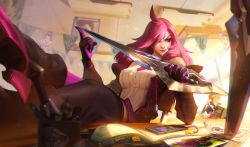 Rule 34 | 1girl, ahoge, bare shoulders, battle academia katarina, blue eyes, boots, breasts, hair over one eye, high heel boots, high heels, katarina (league of legends), large breasts, league of legends, lips, long hair, official art, pink hair, sitting, thighhighs, weapon