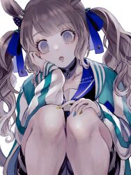 Rule 34 | 1girl, animal ears, brown hair, commentary request, ear ornament, hand on own knee, head rest, highres, horse ears, horse girl, horse tail, kneeling, long hair, long sleeves, looking at viewer, multicolored nails, nail polish, open mouth, pendant choker, purple eyes, shino (shino-xx), shorts, simple background, solo, tail, thigh strap, tosen jordan (umamusume), twintails, twitter username, umamusume, very long hair, white background