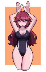 Rule 34 | 1girl, amazu (kurozu), armpits, arms up, bare arms, bare shoulders, black one-piece swimsuit, breasts, cleavage, collarbone, commentary, covered navel, cropped legs, english commentary, green eyes, hair between eyes, long hair, looking at viewer, mari (amazu), medium breasts, one-piece swimsuit, orange background, original, red hair, solo, swimsuit, thick eyebrows, tongue, tongue out, two-tone background, very long hair, white background