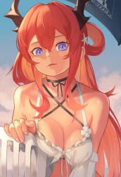 Rule 34 | 1girl, absurdres, arknights, bare shoulders, black choker, blue sky, breasts, choker, cleavage, collarbone, criss-cross halter, day, hair ornament, hair rings, halterneck, highres, horns, long hair, looking at viewer, medium breasts, mutsuki albino, official alternate costume, outdoors, parted lips, purple eyes, red hair, sky, solo, star (symbol), star hair ornament, surtr (arknights), surtr (colorful wonderland) (arknights), swimsuit cover-up, upper body