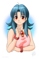 Rule 34 | 1990s (style), 1girl, 2021, bare shoulders, blue hair, closed mouth, dated, fleria, hair intakes, hair tubes, hand up, long hair, monster farm, pipoo, red eyes, retro artstyle, simple background, smile, solo, upper body, white background