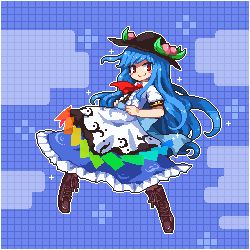 Rule 34 | 1girl, black headwear, blue background, blue hair, blush stickers, boots, brown footwear, buttons, closed mouth, cloud, food, frilled skirt, frills, fruit, grid background, hands on own hips, hinanawi tenshi, kumamoto (bbtonhk2), leaf, long hair, lowres, peach, pixel art, rainbow order, red eyes, red neckwear, short sleeves, skirt, sky, smile, solo, star (symbol), touhou