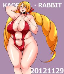Rule 34 | 10s, 1girl, 2012, blonde hair, blue eyes, blush, breasts, casual one-piece swimsuit, center opening, character name, cleavage, cowboy shot, curvy, dated, drill hair, female focus, groin, huge breasts, kaori l rabbit, large breasts, legs together, long hair, long twintails, looking at viewer, mole, muchigaku, navel, one-piece swimsuit, open mouth, original, plump, purple background, red one-piece swimsuit, sideboob, simple background, solo, standing, swimsuit, thigh gap, thighs, twin drills, twintails, very long hair, yuumano yuuki
