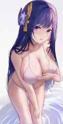 Rule 34 | 1girl, absurdres, at congju, bikini, breasts, cleavage, commentary, feet out of frame, flower, genshin impact, hair flower, hair ornament, hand on own chest, highres, large breasts, leaning forward, long hair, looking back, partially submerged, purple bikini, purple eyes, purple flower, purple hair, raiden shogun, solo, standing, standing on liquid, swimsuit, very long hair, wet, wet hair