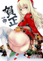 Rule 34 | 10s, 1girl, 2016, alternate costume, aqua eyes, arino towatari, ass, atago (kancolle), bad id, bad pixiv id, blonde hair, clothes lift, curvy, floral print, food, fruit, hair between eyes, hat, huge ass, japanese clothes, kantai collection, kimono, kimono lift, lace, lace-trimmed legwear, lace trim, long hair, looking at viewer, lying, mandarin orange, no panties, on side, orange (fruit), solo, thighhighs, thighs, twitter username, white thighhighs, wide hips