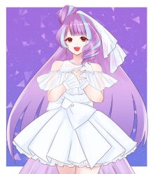 Rule 34 | 1girl, :d, blue hair, brown eyes, clothing cutout, dress, drill hair, earrings, frilled bracelet, frilled dress, frills, hair bun, hands on own chest, highres, ito ryoujitsu, jewelry, long hair, looking at viewer, macross, macross delta, mikumo guynemer, multicolored hair, open mouth, purple hair, shoulder cutout, single hair bun, smile, solo, streaked hair, very long hair, white dress, white veil