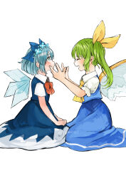 Rule 34 | 2girls, absurdres, ascot, blue bow, blue dress, blue eyes, blue flower, blue hair, blue skirt, blue vest, blush, bow, cirno, closed eyes, collared shirt, commentary, daiyousei, detached wings, dress, fairy, fairy wings, flower, green hair, hair bow, highres, ice, ice wings, long hair, multiple girls, niseneko (mofumofu ga ienai), open mouth, puffy short sleeves, puffy sleeves, shirt, short hair, short sleeves, side ponytail, simple background, skirt, smile, touhou, twitter username, vest, white background, white shirt, wings, yellow ascot
