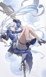 Rule 34 | 1girl, absurdres, ahoge, ascot, asymmetrical gloves, black footwear, black gloves, blue ascot, blue dress, blue eyes, blue hair, blue hat, blue jacket, breasts, closed mouth, cup, curly hair, dress, floating, frilled socks, frills, full body, furina (genshin impact), genshin impact, gloves, hair between eyes, hat, heterochromia, high heels, highres, holding, holding cup, hy (hem oo), jacket, knees together feet apart, legs, levitation, long hair, looking at viewer, mismatched gloves, multicolored hair, one eye covered, shorts, sidelocks, small breasts, smile, socks, solo, streaked hair, tea, teacup, top hat, two-tone hair, very long hair, white hair, white shorts, white socks