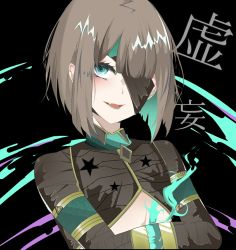 Rule 34 | 1boy, :d, artist request, black background, brown hair, eyepatch, fang, green eyes, gretel (sinoalice), hair between eyes, lipstick, long sleeves, looking at viewer, makeup, open mouth, short hair, sinoalice, smile, solo, trap