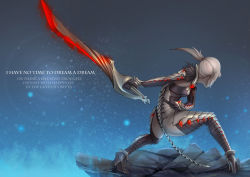 Rule 34 | 1girl, absurdres, armor, black gloves, colored skin, fake tail, female focus, gloves, gradient background, grey skin, hellcherr, high heels, highres, holding, holding sword, holding weapon, original, pointy ears, ponytail, solo, sword, tail, weapon, white hair