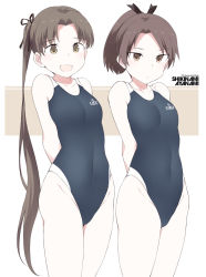 Rule 34 | 2girls, :d, anchor symbol, ayanami (kancolle), bare arms, bare legs, bare shoulders, black one-piece swimsuit, brown eyes, brown hair, character name, clothes writing, collarbone, competition swimsuit, green eyes, groin, kantai collection, long hair, multiple girls, one-piece swimsuit, open mouth, ponytail, shigino sohuzi, shikinami (kancolle), short hair, side ponytail, smile, swimsuit
