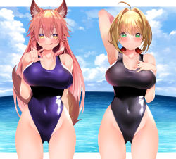 Rule 34 | 2girls, ahoge, animal ear fluff, animal ears, bare shoulders, blonde hair, blush, breasts, cleavage, collarbone, competition swimsuit, covered navel, fate/extra, fate (series), fox ears, fox girl, fox tail, green eyes, hair between eyes, hair intakes, hair ribbon, highleg, highleg swimsuit, highres, large breasts, long hair, looking at viewer, multiple girls, nero claudius (fate), nero claudius (fate) (all), nero claudius (fate/extra), one-piece swimsuit, pink hair, red ribbon, ribbon, sabi (rupf2384), sidelocks, smile, swimsuit, tail, tamamo (fate), tamamo no mae (fate/extra), thighs, yellow eyes