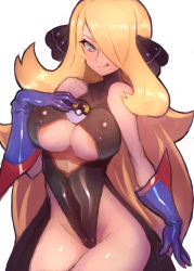 Rule 34 | 1girl, blonde hair, breasts, creatures (company), cynthia (pokemon), dakusuta, game freak, gloves, highres, large breasts, leotard, licking lips, nintendo, one eye covered, pokemon, pokemon dppt, solo, thighs, tongue, tongue out, underboob