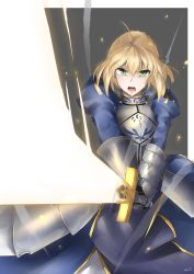Rule 34 | 1girl, absurdres, ahoge, armor, armored dress, artoria pendragon (all), artoria pendragon (fate), attack, blonde hair, blue dress, border, bracer, braid, braided bun, breastplate, brown background, cinders, cowboy shot, dress, excalibur (fate/stay night), fate/stay night, fate (series), french braid, gauntlets, glowing, glowing sword, glowing weapon, gold trim, green eyes, hair bun, highres, holding, holding sword, holding weapon, motion blur, open mouth, saber (fate), short hair with long locks, shouting, sidelocks, simple background, solo, sparks, sword, weapon, white border, zaniaii