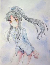 Rule 34 | 1girl, alternate hair color, arms behind back, grey hair, hair ribbon, hattori shizuka, leaning forward, long hair, looking at viewer, one-piece swimsuit, painting (medium), ponytail, ribbon, smile, solo, strike witches, swimsuit, traditional media, uniform, watercolor (medium), world witches series, yellow eyes, yuyu (00365676)