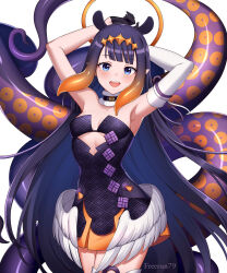 Rule 34 | 1girl, absurdres, armpits, arms behind head, arms up, asymmetrical gloves, bare shoulders, black gloves, blue eyes, blunt bangs, blush, breasts, breasts apart, contrapposto, cowboy shot, cutout above navel, detached sleeves, diamond hairband, dress, extra ears, feathered wings, freerun79, fur-trimmed collar, fur collar, fur trim, gloves, gradient hair, half gloves, halo, headpiece, highres, hololive, hololive english, long hair, looking at viewer, low wings, medium breasts, mole, mole under eye, multicolored hair, ninomae ina&#039;nis, ninomae ina&#039;nis (1st costume), open mouth, orange hair, pointy ears, print dress, purple hair, short dress, sidelocks, simple background, single detached sleeve, single thighhigh, sleeveless, sleeveless dress, smile, solo, straight hair, strapless, strapless dress, tentacle hair, tentacles, thighhighs, tube dress, uneven gloves, very long hair, virtual youtuber, white background, white thighhighs, white wings, wings