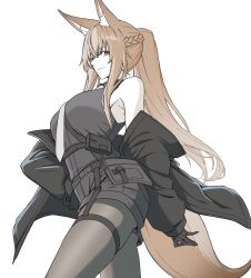 Rule 34 | 1girl, animal ear fluff, animal ears, arknights, bare shoulders, black gloves, black jacket, black shirt, black shorts, braid, breasts, brown eyes, brown hair, brown tail, closed mouth, colored skin, commentary, cowboy shot, fox ears, fox girl, fox tail, franka (arknights), gloves, grey necktie, hair between eyes, hand on own hip, highres, jacket, kyoro (kyoroillust), large breasts, long hair, long sleeves, looking at viewer, necktie, off shoulder, open clothes, open jacket, pantyhose, ponytail, shirt, shorts, sidelocks, simple background, sketch, sleeveless, sleeveless shirt, solo, standing, strap, tail, thigh strap, white background, white skin