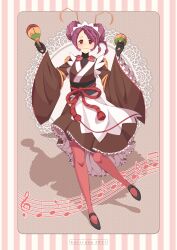 Rule 34 | 1girl, 2021, absurdres, antennae, apron, arthropod girl, artist name, black footwear, black skin, blush, brown kimono, closed mouth, colored skin, commentary, doily, double bun, entoma vasilissa zeta, extra pupils, fangs, full body, hair bun, highres, holding, holding instrument, instrument, japanese clothes, joints, kaiiruuu, kimono, light smile, looking at viewer, maid, maid headdress, maracas, mary janes, monster girl, musical note, overlord (maruyama), pantyhose, pink pantyhose, purple hair, red eyes, shadow, shoes, short hair, skin fangs, solo, standing, straight-on, striped, striped background, white apron