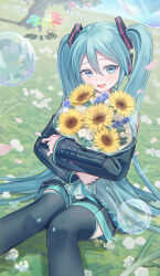 Rule 34 | 1girl, :d, absurdres, black skirt, black sleeves, black thighhighs, blue eyes, blue hair, blush, bouquet, commentary, day, detached sleeves, dot nose, dutch angle, falling petals, feet out of frame, field, floating, flower, grass, hair between eyes, hair ornament, hatsune miku, headset, highres, holding, holding bouquet, horizon, knees together feet apart, long hair, long sleeves, looking at viewer, melt (vocaloid), miniskirt, hugging object, open mouth, outdoors, petals, piano keys, pleated skirt, raised eyebrows, shadow, sidelocks, skirt, smile, solo, song request, sunflower, teeth, thighhighs, tree, twintails, unknown mother goose (vocaloid), upper teeth only, very long hair, vocaloid, vs0mr, white flower, yellow flower
