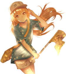Rule 34 | 10s, 1girl, absurdres, blonde hair, blue shirt, brown eyes, character name, collarbone, fhilippedu, flag, floating hair, hat, hataraku saibou, highres, holding, holding flag, long hair, looking at viewer, platelet (hataraku saibou), shirt, short shorts, short sleeves, shorts, simple background, smile, solo, standing, very long hair, white background, white hat, white shorts