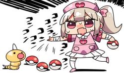 Rule 34 | 1girl, :d, apron, bandaged arm, bandages, blush, bow, chibi, collared shirt, creatures (company), crossover, fang, game freak, gen 1 pokemon, hair bow, hat, heart, holding, holding poke ball, kanikama, light brown hair, lowres, natori sana, nintendo, nurse cap, open mouth, pink apron, pink bow, pink footwear, pink hat, pleated skirt, poke ball, poke ball (basic), pokemon, pokemon (creature), red eyes, sana channel, shirt, side ponytail, sidelocks, skirt, smile, standing, standing on one leg, sweat, thighhighs, translation request, virtual youtuber, weedle, white background, white shirt, white skirt, white thighhighs