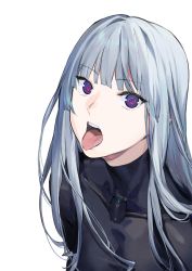 Rule 34 | 1girl, absurdres, ak-12 (girls&#039; frontline), artificial eye, blunt bangs, bodysuit, commentary, duoyuanjun, english commentary, girls&#039; frontline, glowing, highres, long hair, looking at viewer, mechanical eye, open mouth, purple eyes, silver hair, simple background, skin tight, solo, tongue, tongue out, white background