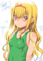 Rule 34 | 1girl, bare shoulders, blonde hair, blue eyes, blush, breasts, character request, dated, green one-piece swimsuit, hairband, inoue sora, long hair, one-piece swimsuit, partially translated, signature, small breasts, solo, swimsuit, translation request