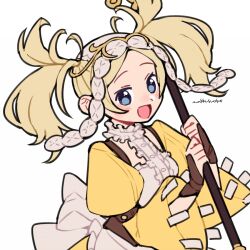 1girl :d artist_name blonde_hair blue_eyes blush_stickers corset do_m_kaeru dress fire_emblem fire_emblem_awakening frills headdress holding holding_staff lissa_(fire_emblem) nintendo open_mouth puffy_sleeves short_twintails simple_background smile solo staff twintails white_background yellow_dress