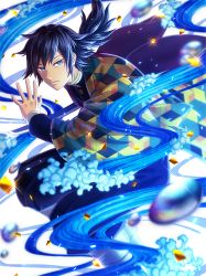 1boy black_hair black_pants blue_eyes closed_mouth confetti haori jacket japanese_clothes kimetsu_no_yaiba multicolored_clothes multicolored_jacket pants shakushaku_(nikutama) solo tomioka_giyuu water_drop white_background