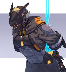 Rule 34 | 1boy, abs, arms behind back, protagonist (pso2), bara, bound, bound arms, bound wrists, colored skin, cropped jacket, cyborg, glowing, grey background, hakidashi 11, jacket, large pectorals, male focus, masked, mechanical tail, muscular, muscular male, open clothes, open jacket, pectorals, phantasy star, phantasy star online 2, purple skin, restrained, robot ears, solo, tail, tied up (nonsexual), upper body, white background