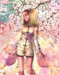Rule 34 | 1girl, absurdres, black hair, blonde hair, cherry blossoms, chinaisobad, clothing request, colored skin, commentary request, eyelashes, fairy, fairy wings, green eyes, heart, heart-shaped pupils, highres, hua po (megami tensei), medium hair, multicolored background, multicolored hair, multiple wings, red skin, shin megami tensei, single tear, solo, standing, symbol-shaped pupils, tree, two-tone hair, wings, yellow nails