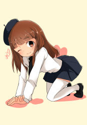 Rule 34 | 10s, 1girl, ;), all fours, barashiya, beret, black footwear, black hat, black necktie, black skirt, blunt bangs, blush, brown eyes, brown hair, closed mouth, girls und panzer, hat, head tilt, heart, highres, long sleeves, looking at viewer, necktie, one eye closed, own hands together, pleated skirt, shirt, shoes, skirt, smile, solo, takebe saori, thighhighs, white shirt, white thighhighs