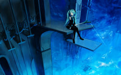Rule 34 | 1girl, absurdres, aqua eyes, aqua hair, blue theme, detached sleeves, fishing, hatsune miku, highres, long hair, necktie, night, night sky, scenery, sitting, skirt, sky, smile, solo, spring onion, stairs, tera l, themed object, thighhighs, twintails, very long hair, vocaloid