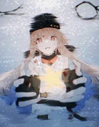 Rule 34 | ankodesoy, black headwear, blue shawl, brown eyes, brown hair, fingerless gloves, gloves, hair ornament, hairclip, kantai collection, reflection, scarf, shawl, solo, star (symbol), tashkent (kancolle), tears, twintails, water, white scarf