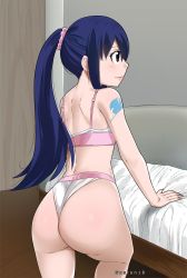 Rule 34 | 1girl, artist name, ass, back, bare shoulders, bed, blue hair, blush, bra, brown eyes, fairy tail, from behind, gaston18, highres, huge ass, long hair, panties, ponytail, solo, tattoo, underwear, wedgie, wendy marvell