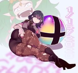 Rule 34 | 2girls, bad id, bad twitter id, bike shorts, black footwear, black hair, boots, braid, breasts, brown legwear, byleth (female) (fire emblem), byleth (fire emblem), commentary, constricted pupils, english commentary, expressionless, fire emblem, fire emblem: three houses, green eyes, green hair, high heel boots, high heels, highres, inset, kneepits, large breasts, laughing, legs, legs together, lying, multiple girls, necktie, nintendo, nyantcha, on side, pantyhose, pantyhose under shorts, pointy ears, purple eyes, red neckwear, short hair, shorts, smash ball, solo focus, sothis (fire emblem), super smash bros., super smash bros. logo, thick thighs, thighs, torn clothes, torn legwear