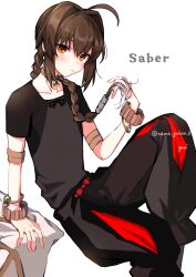 Rule 34 | 1other, ahoge, androgynous, baggy pants, black shirt, blush, bracelet, braid, brown hair, choker, closed mouth, fate/samurai remnant, fate (series), hair intakes, highres, invisible chair, jewelry, long hair, looking at viewer, pants, shirt, sitting, solo, twitter username, upper body, white background, yamato takeru (fate), yellow eyes, yui (tamagohan)