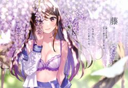 Rule 34 | 1girl, absurdres, blurry, blurry background, blush, bow, bow bra, bra, breasts, bug, butterfly, cleavage, closed mouth, collarbone, day, depth of field, flower, hair ornament, hairclip, highres, huge filesize, insect, lips, long hair, long sleeves, looking at viewer, morikura en, non-web source, off shoulder, original, outdoors, scan, skirt, smile, solo, underwear