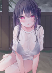 Rule 34 | 1girl, absurdres, arm support, barefoot, blush, bottomless, bra visible through clothes, breasts, commentary request, highres, kmr 7m, large breasts, long hair, open mouth, original, purple hair, rain, red eyes, see-through, shirt, short sleeves, sidelocks, sitting, solo, teeth, toes, two side up, upper teeth only, wet, wet clothes, white shirt, yokozuwari
