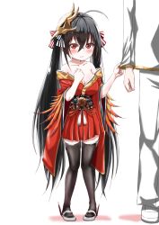 Rule 34 | 1boy, 1girl, aged down, ahoge, azur lane, bare shoulders, black hair, black thighhighs, breasts, cleavage, clothes grab, collarbone, commander (azur lane), commentary request, hair between eyes, japanese clothes, kimono, long hair, long sleeves, mask, mask on head, military, military uniform, off shoulder, pants, red eyes, red kimono, size difference, sleeve grab, sleeve pull, taihou (azur lane), thighhighs, twintails, uniform, user ujzx4875, very long hair, white footwear