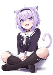 Rule 34 | 1girl, :d, ahoge, animal ear fluff, animal ears, black hairband, black shirt, black socks, blush, breasts, cat ears, cat girl, cat tail, commentary request, crop top, eyes visible through hair, full body, hair between eyes, hairband, highres, hololive, hototogisu (hot to gis), indian style, kneehighs, long sleeves, neckerchief, nekomata okayu, nekomata okayu (casual), no shoes, open mouth, purple eyes, purple hair, sailor collar, shirt, shorts, simple background, sitting, smile, socks, solo, tail, tail raised, v arms, virtual youtuber, white background, white neckerchief, white sailor collar, white shorts
