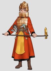 Rule 34 | 1girl, absurdres, armor, arrow (projectile), boots, bronze, brown eyes, brown footwear, chinese empire, dagger axe, fu hao, helmet, highres, holding, holding weapon, military, neck armor, pzkpfwi, quiver, real life, red robe, robe, shang dynasty, weapon