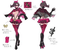 Rule 34 | 1girl, alternate costume, bandai namco, black footwear, black gloves, black hair, black suspenders, boots, bow, breasts, brown hair, cape, character profile, concept art, crossed legs, domino mask, from behind, full body, gloves, hair bow, hair ornament, hand on own hip, hands on own hips, high heel boots, high heels, highres, holster, knee boots, knife, large breasts, legs, lips, long hair, looking at viewer, mask, microskirt, midriff, miniskirt, multiple views, namco, narrow waist, no bra, official art, plaid, plaid skirt, pleated skirt, ponytail, red thighhighs, revealing clothes, see-through, shimazaki mari, simple background, skirt, soul calibur, soulcalibur: lost swords, standing, suspenders, taki (soulcalibur), thigh holster, thighhighs, thighs, turnaround, underboob, watson cross, white background, zettai ryouiki