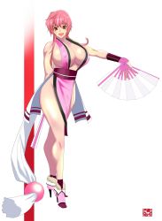 Rule 34 | 1girl, absurdres, breasts, brown eyes, brown hair, cosplay, hand fan, fatal fury, highres, large breasts, long hair, looking at viewer, open mouth, pink hair, ponytail, shiranui mai, shiranui mai (cosplay), smile, snk, solo, taiga00330, the king of fighters