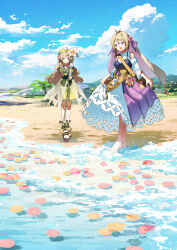 Rule 34 | 2girls, :d, absurdres, ahoge, atelier (series), atelier ayesha, atelier resleriana, ayesha altugle, bare legs, bare shoulders, barefoot, beach, blonde hair, blue sky, blush, bow, clothing cutout, commentary request, dress, flocke cerha, flower, flower wreath, frills, green dress, green eyes, green hair, green skirt, hair between eyes, hair bow, hair flower, hair ornament, hat, highres, holding, holding staff, long hair, long sleeves, multiple girls, ocean, open mouth, parted lips, partially submerged, petals, petals on liquid, potg (piotegu), promotional art, purple eyes, ribbon, sand, sandals, short hair, shoulder cutout, skirt, sky, smile, staff, veil, waist bow, white bow, white dress, wrist cuffs