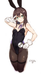 Rule 34 | 1girl, absurdres, animal ears, black hair, black leotard, black pantyhose, blush, breasts, character name, cropped legs, detached collar, fake animal ears, gloves, green eyes, hair ornament, hairband, hairclip, hand on own hip, highleg, highleg leotard, highres, kantai collection, leotard, long hair, neck ribbon, one-hour drawing challenge, oyashio (kancolle), pantyhose, parted lips, playboy bunny, purple ribbon, rabbit ears, ribbon, ryo (tg290), simple background, small breasts, solo, thighband pantyhose, twitter username, w over eye, white background, white gloves